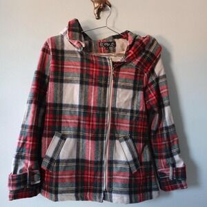 Cozy Plaid Hooded Jacket Loose Fit Red‎